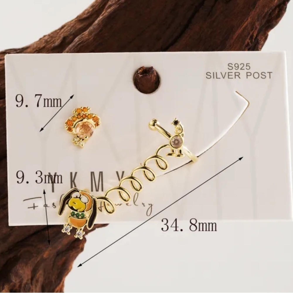 14K Gold Disney Pixar Toy Story Slinky Dog Cuff Stud Asymmetrical Mismatch Set - Picture 2 of 3